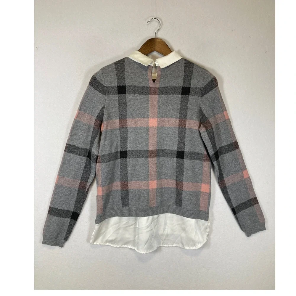 Preppy Tahari Women‎ Medium Grey Pink Plaid Layered Look Collared Sweater